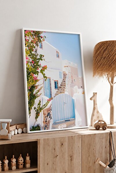 KEYFHOME Santorini Bela kuća Plava vrata Uramljeni MDF poster slika Dekoracij...