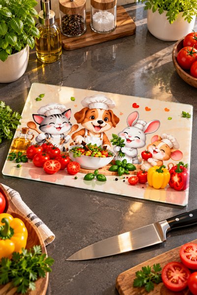 GÖKÇEOĞLU Glass Cutting Board Cute Chef Animals Themed - Glass Cutting Board ...