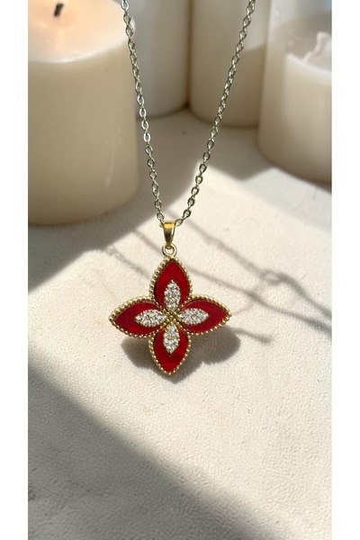 Dore Collection Zircon Stone and Enamel-Embellished Clover Model Steel Necklace