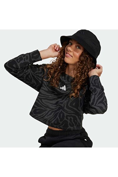 adidas Kız Çocuk Sweatshirt Bisiklet Yaka Uzun Kollu Leopar Desenli Crop Örme...