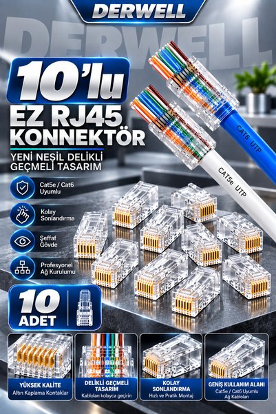 Derwell Yeni 2026 3in1 Profesyonel Ağ Kurulum Seti Yeni Nesil Cat5 Cat6 Cat7 Network Ethernet Kablo Pensesi Kesme Soyma Sıkma Kilitleme Fonksiyonlu - Dijital Kablo Test Cihazı Master Remote - 10lu RJ45 Jack