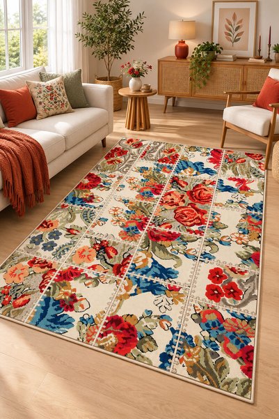 Toronto Home Dijital Kaymaz Yıkanabilir Çiçekli Vintage Patchwork Salon Halıs...