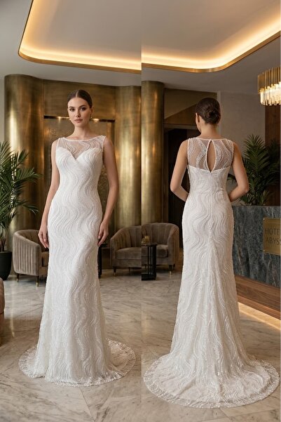 JABO WEDDİNG HOUSE GELİNLİK 36 BEDEN TAŞ VE KUM BONCUK İŞLEME DETAYLI BALIK M...