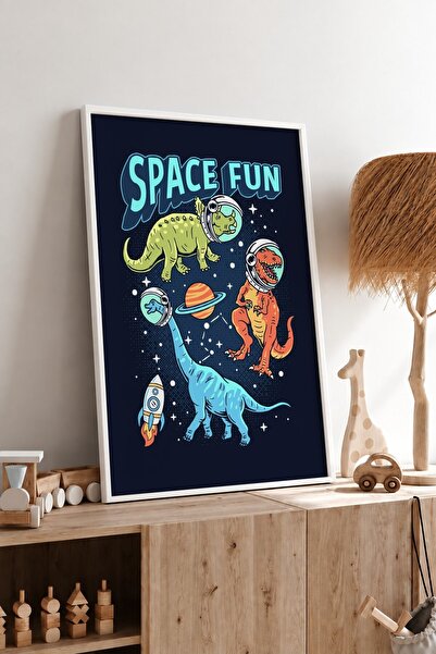 KEYFHOME Astronaut Dinozaur înrămat MDF Tablou Poster Cameră Copii Decor de p...