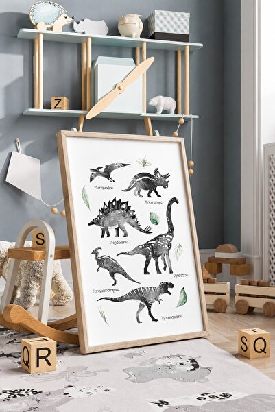 KEYFHOME Nume de dinozaur alb-negru înrămate MDF tablou poster pentru camera ...