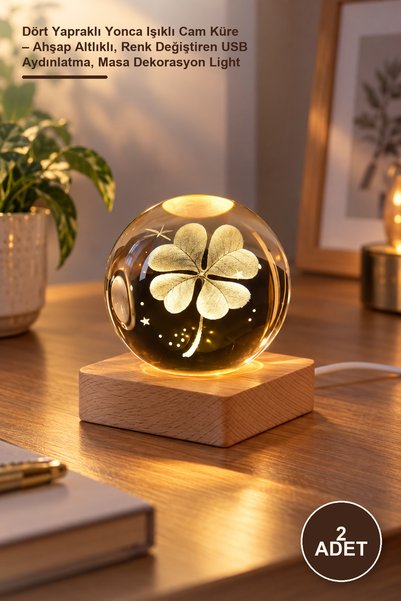 Yenilig 2 Pieces of Four-Leaf Clover Illuminated Glass Globe – with Wooden Ba...