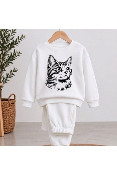 playwear Team Sweatshirt Cat Illustrationprinted Girls Boys Crew Neck