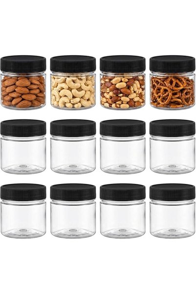 GENERAL 8 Ounce Plastic Jars With Lids, Reusable Empty Jars(Black 12 Pack)