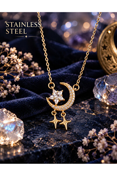stainless steell 316L Steel Chain Gold Color Zircon Stone Crescent Star Model...