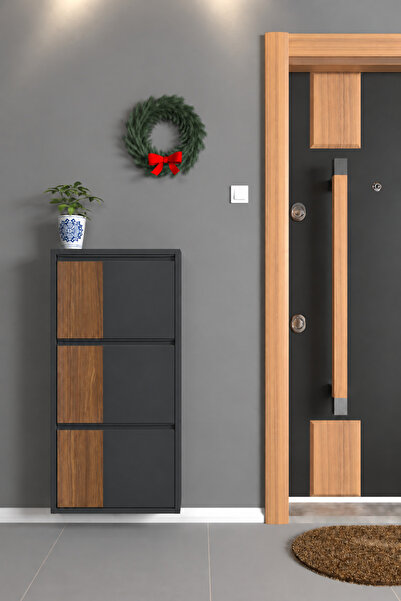 Üçlü Metal Ayakkabılık Antrasit Ahşaplı Abd Ceviz Mdf Dikey