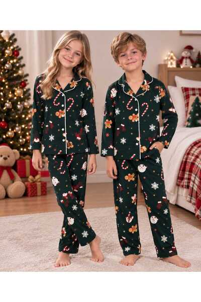 pijamino Boys and Girls Christmas Pattern Long Sleeve Buttoned Pajama Set
