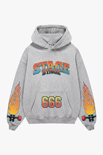 Sekizbiraltı Stage Printed Oversize Unisex Gray Melange Hoodie