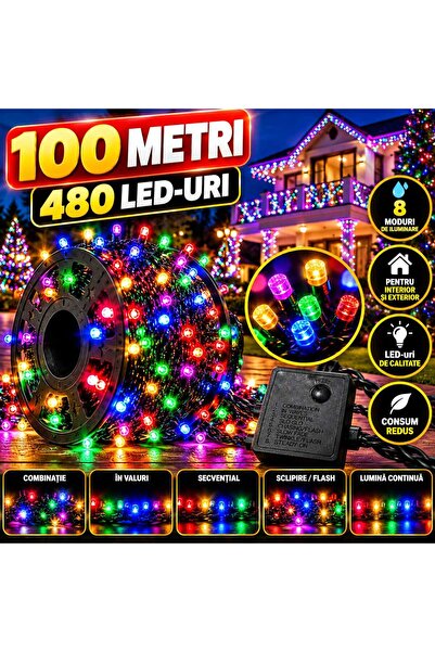 ASMXX Instalație de Craciun LED Multicoloră 100M, 480 LED-uri, 8 Moduri de Il...