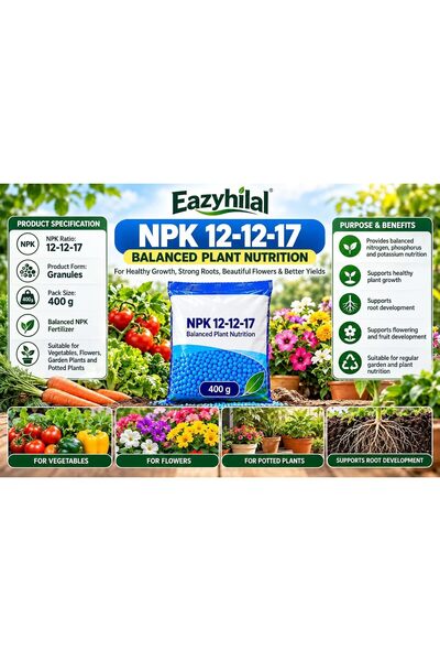 Generic Eazyhilal Fertilizer Combo Pack 1kg, Complete Plant Nutrition with NPK 12-12-17, Humic Acid, Calcium & Urea, Plant Growth Fertilizer for Indoor & Outdoor Plants, Garden, Pots & Vegetables