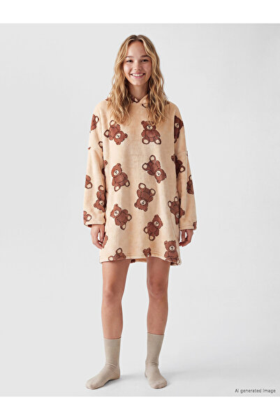 LC Waikiki Chick Printed Hooded Plush Pajama Top for Women