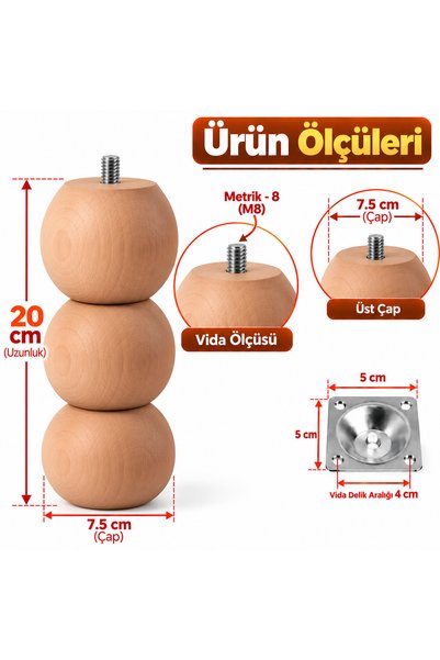 turanahşap Doğal Ahşap Koltuk Ayağı-Baza Ayağı 20 cm