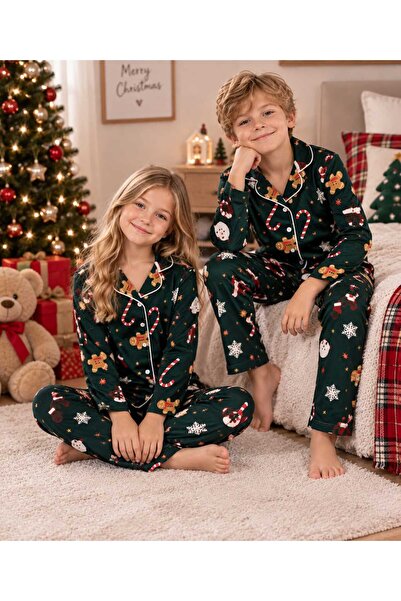 erkek ve kız çocuk yılbaşı desenli uzun kollu düğmeli pijama takımı
