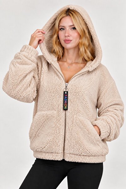 lzv Kadın Kapşonlu Peluş Fermuarlı Sweat – Oversize Yumuşak Polar Hoodie – Kı...