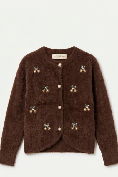 soft&basic Stone Embellished Soft Fuzzy Knitwear Buttoned Cardigan