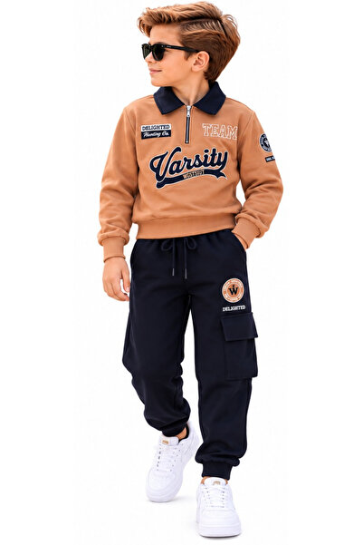 İrem Çocuk Giyim Boy's Varsity Lettered Zipper Polo Collar Cargo Pocket Sweat...
