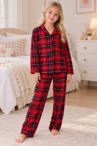 pijamino Girl's Buttoned Long Sleeve Red Plaid Pajama Set