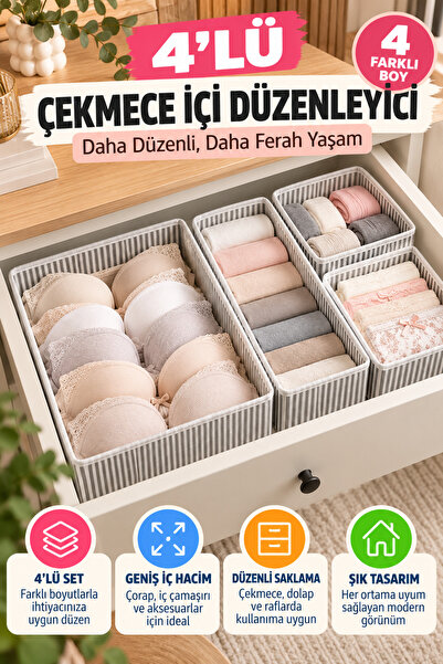 OpenCity 4'lü Çekmece İçi Organizer Seti Gri Çizgili Çorap İç Çamaşırı Dolap ...
