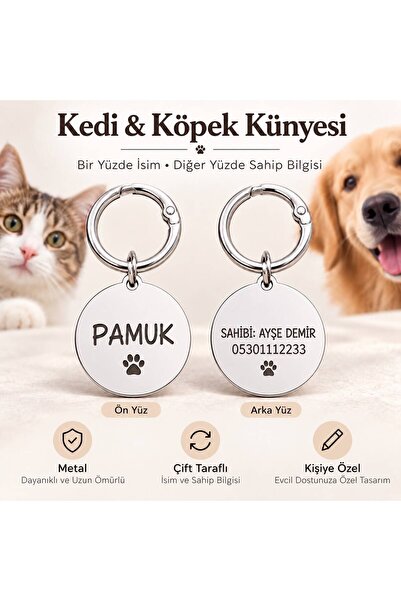 Genel Markalar Kişiye Özel Kedi Köpek Künyesi Yuvarlak Metal İsimlik – Çift T...