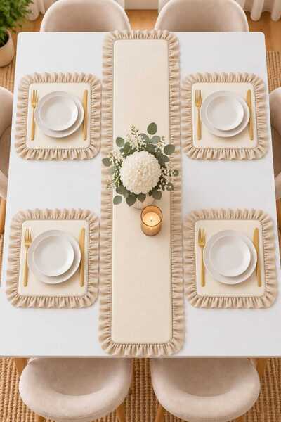 ZİLCA HOME 4-Person Ruffled Runner Set – 4 Square Placemats, 5-Piece Stylish ...