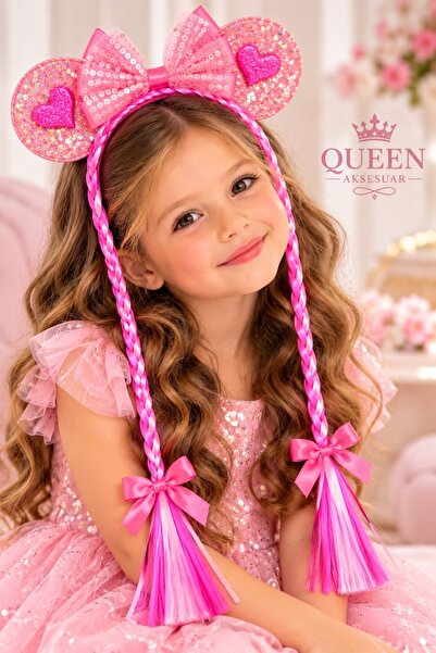 QUEEN AKSESUAR Fuchsia roza svetlucava mašna u obliku srca, kruna sa ušima Mi...
