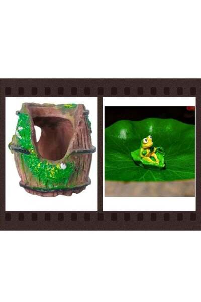 Generic 1 broken barrel fish tank decoration and 1 rowing frog decoration, fi...