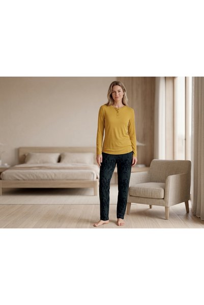 Jiber Kadın Uzun Kollu Düğmeli Hardal Pijama Takımı