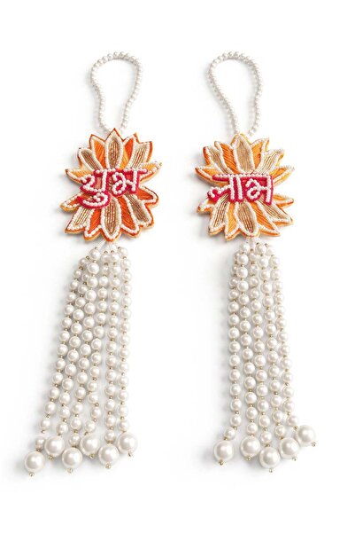 Generic Madhoor Pearl Lotus Shubh Labh Door Hanging White Orange for Diwali, ...