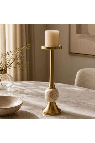 Generic Girah Metal Traventine Pebble Pillar Candle Holder 11.5x11.5x39cm - G...