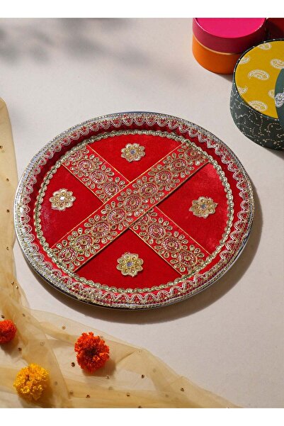Generic Madhoor Zari Decorative Pooja Thali Red for Aarti, Pooja & Festive Wo...
