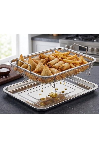 Smart Kitchen سلة قلاية هوائية من الستانلس ستيل للفرن مع مجموعة صينية تحميص، ...