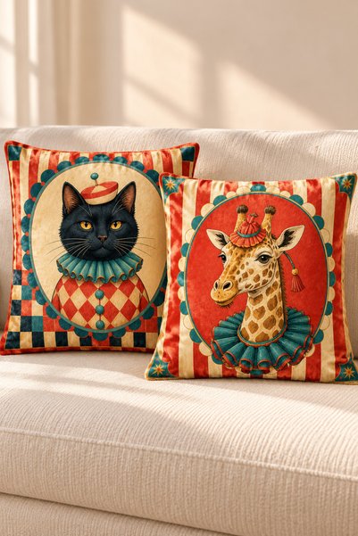 Artvibe Sirk Temalı Hayvan Portreli 2li Dekoratif Kırlent Kılıfı Seti, Kedi ve Zürafa Desenli Retro Salon Dekoru