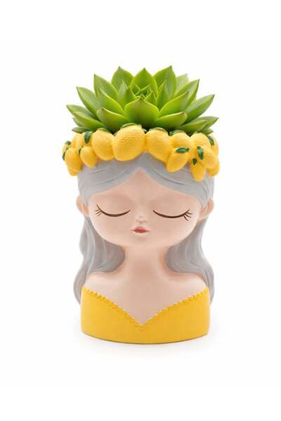 Generic Fancy Girl with Fruit Crown Flower Pot Yellow Polyresin Decorative Pl...