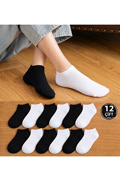 12 Çift Siyah Beyaz Patik Çorap – 6 Çift Siyah 6 Çift Beyaz, Ekonomik Unisex Günlük Çorap