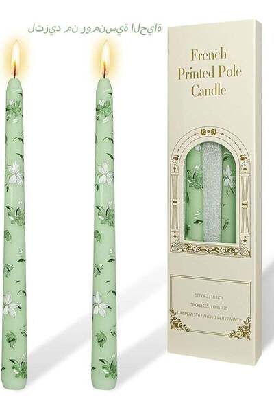 Generic Set of 2 Printed Light Green White Flower Candles 10 Inch Handmade Un...