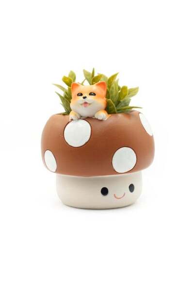 Generic Brown Mushroom Smiling Cat Planter Polyresin Decorative Flower Pot Cu...