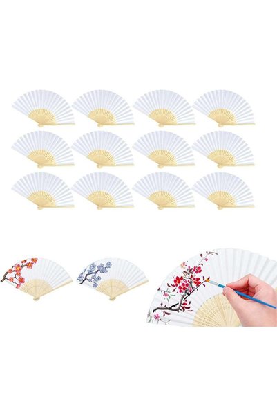 Generic Paper Folding Fan, 12Pcs White Handheld Paper Fan, Folded Fans with B...