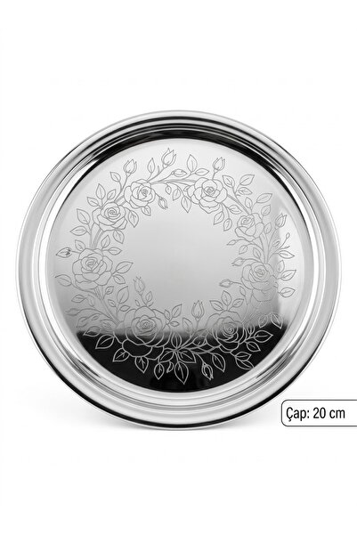 Lüks Çelik Çay & Kahve Sunum Tepsisi - 20 cm Çapında Çiçek Desenli