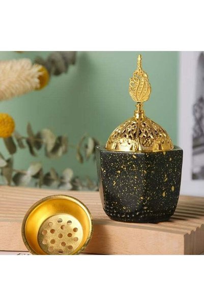 Generic Eid Nordic Hexagonal Incense Burner Shrine with Golden Lid (Black)