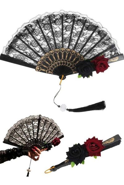 Generic Ladies Retro Rose Flower Lace Hand-held Folding Fan Gothic Style Wome...