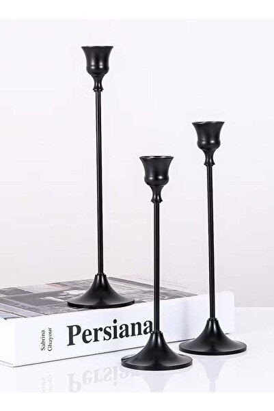 Generic Black Set‑of‑3 Bell‑Shaped Candle Holders, Decorative Candlesticks wi...