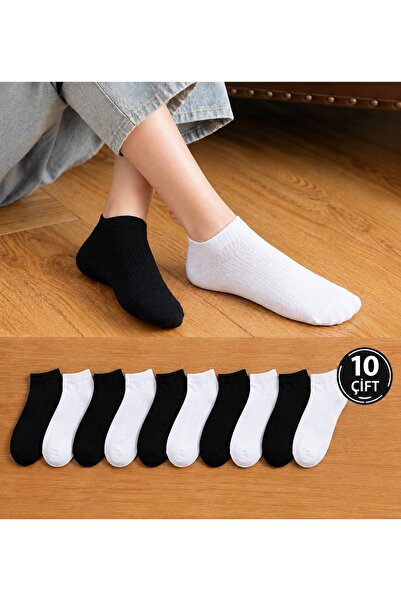10 Çift Siyah Beyaz Patik Çorap – 5 Çift Siyah 5 Çift Beyaz, Ekonomik Unisex Günlük Çorap