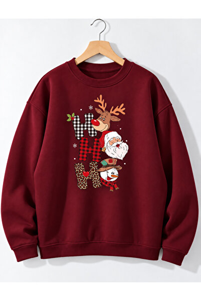 SANTAMİLA Burgundy Crew Neck Ho Ho Ho Printed Sweatshirt