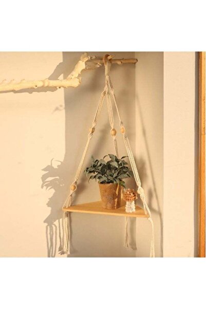 Generic Boho Macrame Hanging Shelf with Triangular Wooden Board | Hand-Woven ...