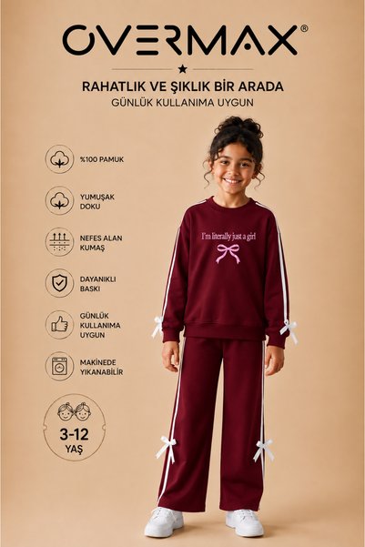 OVERMAX Girl's Just a Girl Printed Tracksuit Set with Stripe and Bow Detail –...