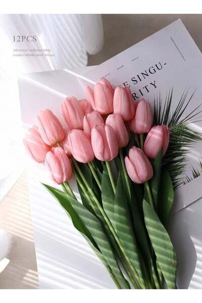 Generic 12 PCS Pink Tulips Artificial Flowers Bouquet, Real Touch Fake Flower...